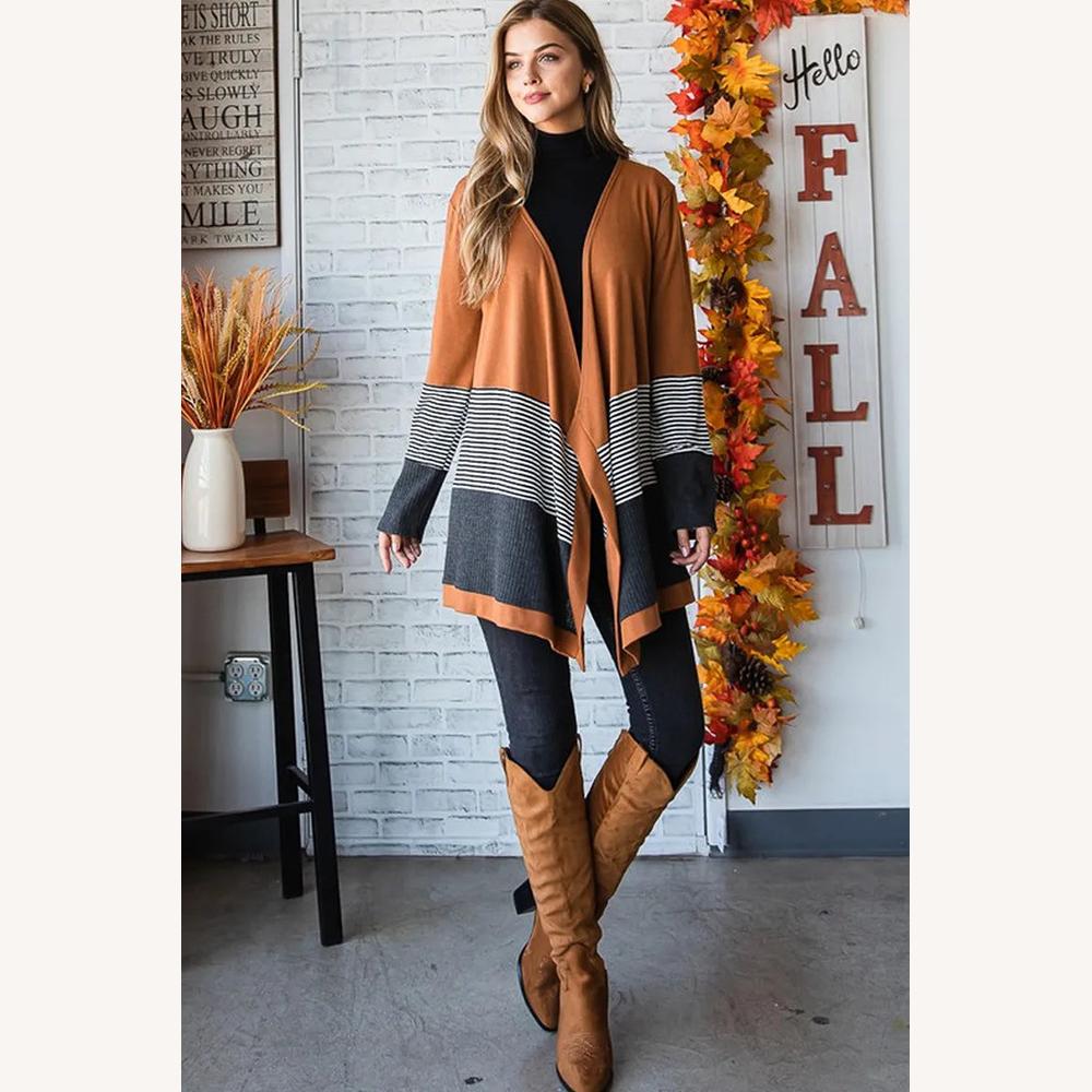 Cardigan rayé bicolore pour femme – Ouverture fluide, mi-cuisse, confortable et décontracté, orange et noir