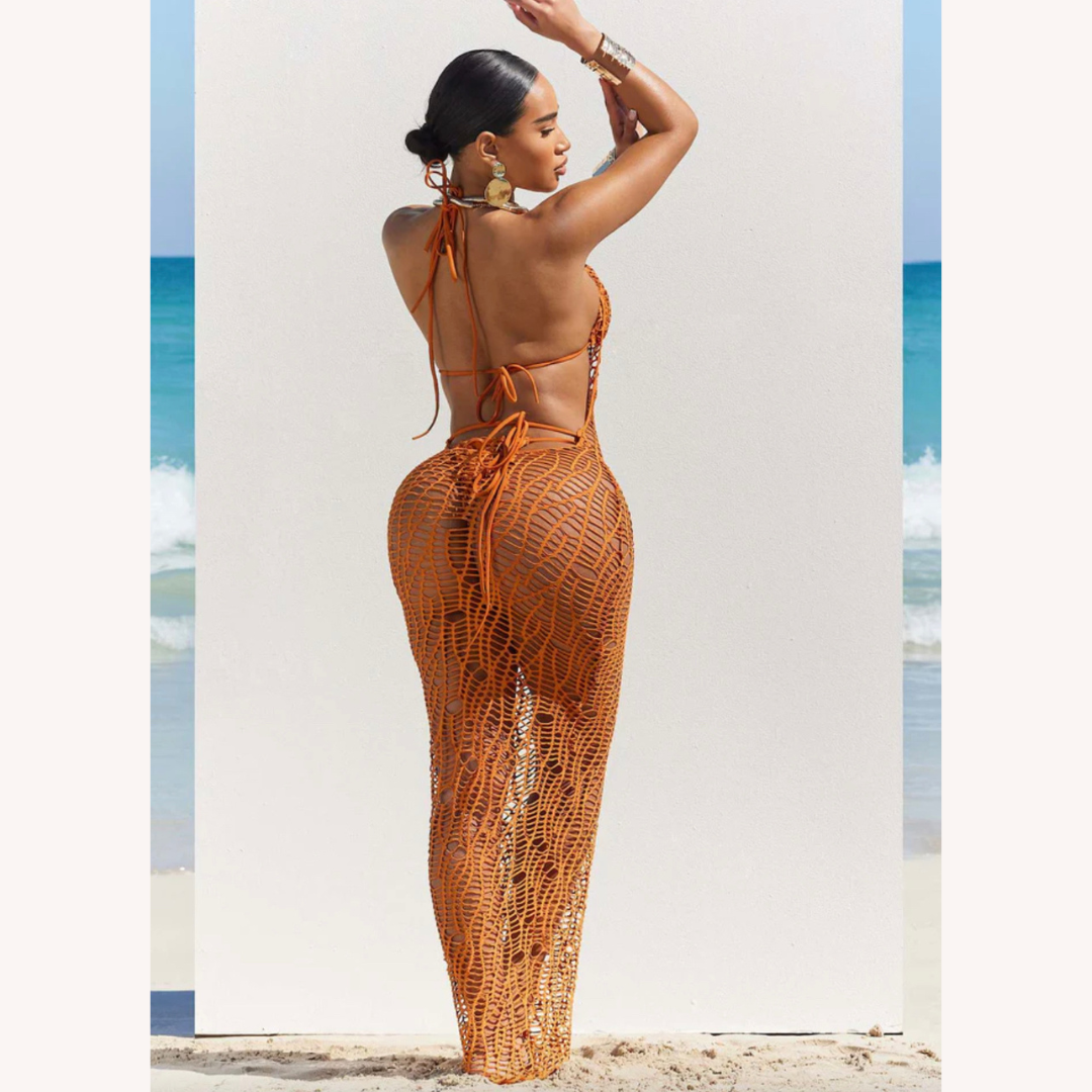 Robe longue élégante pour femme en crochet pour l'été – Silhouette ajustée, idéale pour la plage et les soirées