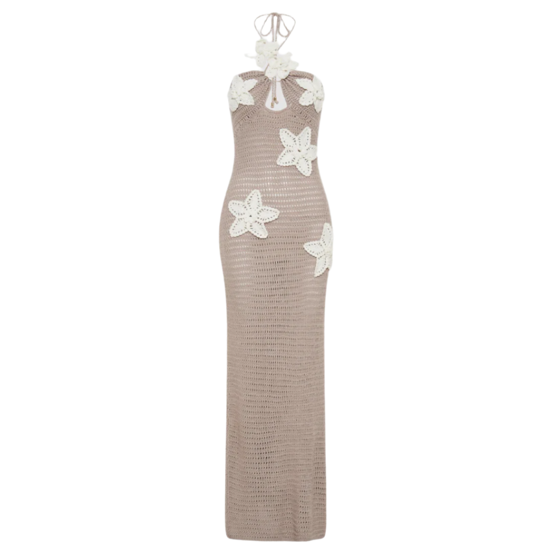 Robe longue en crochet pour femme bleue – Élégante robe d'été bohème maxi avec détails flottants