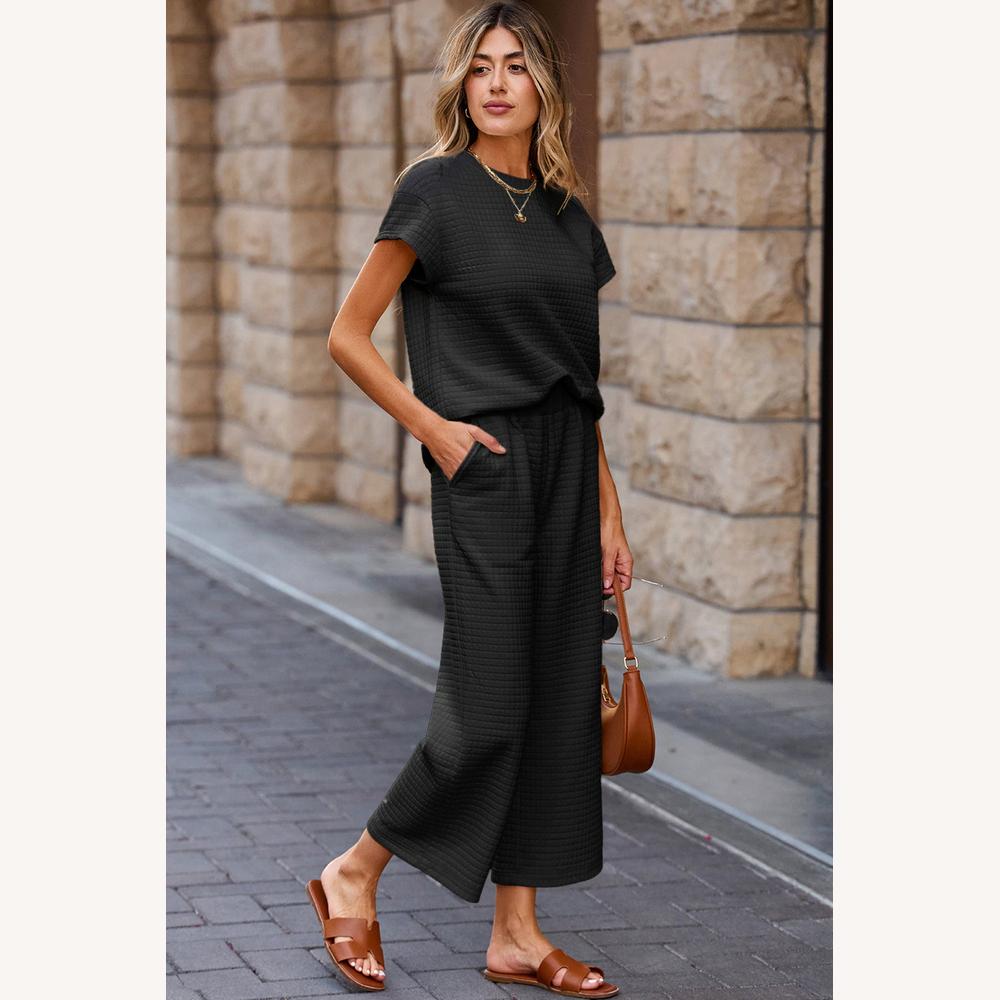 Ensemble décontracté pour femme noir en tissu texturé – Haut ample et pantalon large avec poches