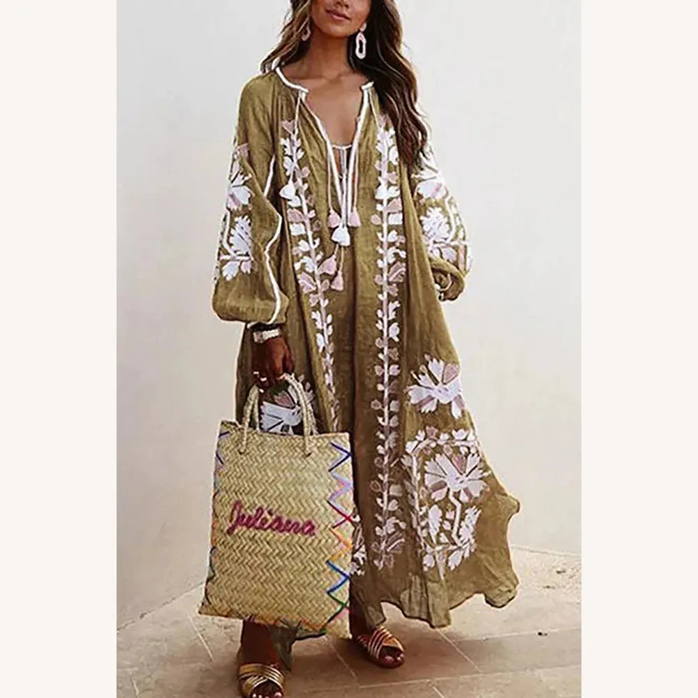 Robe longue bohémienne pour femme à imprimé floral avec manches longues – Élégance décontractée pour l'été
