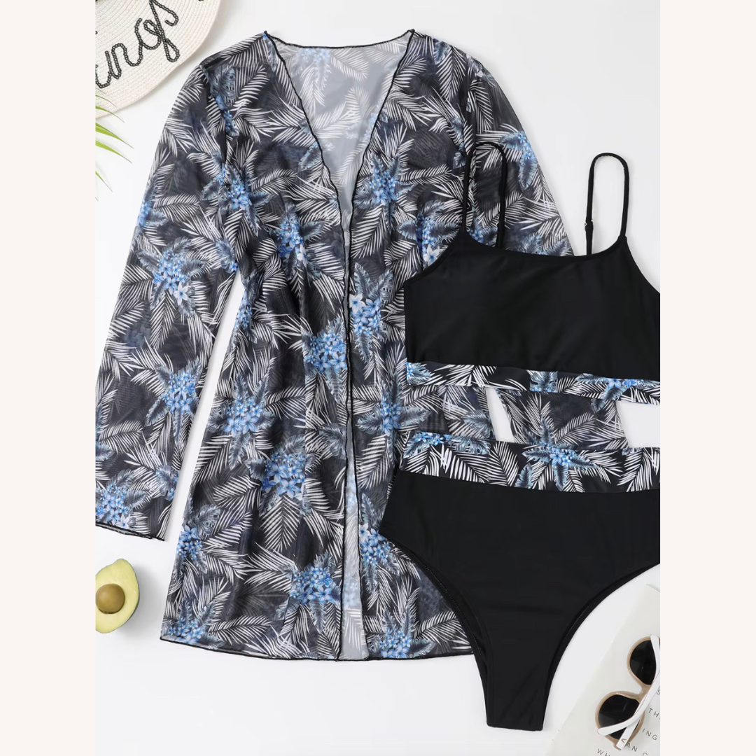 Women's Three-Piece High-Waisted Swimsuit with Long-Sleeve Blouse – Boho Chic Floral Style