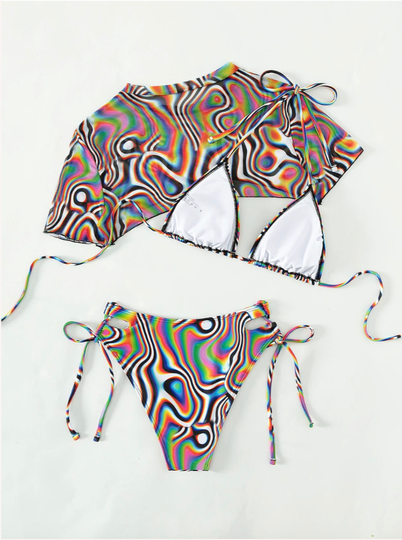 Maillot de bain trois pièces pour femme, motif tourbillon imprimé – style bohème chic, confort estival, tissu respirant