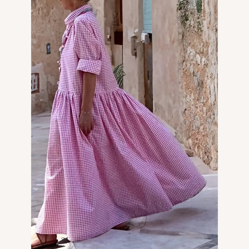 Robe longue pour femme à manches longues en coton et lin – Tissu à carreaux élégant et confortable