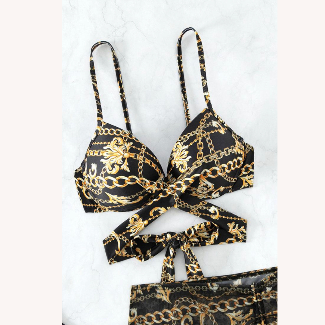 Bikini bohème trois pièces pour femme avec imprimé baroque et détails à lacets – Maillot de bain confortable pour l'été