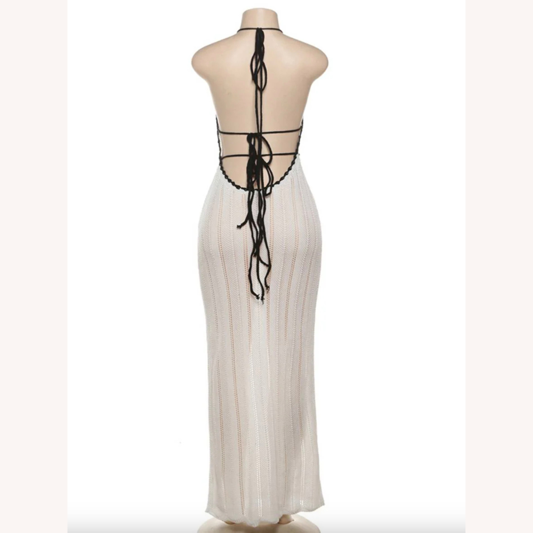 Robe longue pour femme à col licou en crochet blanc – Élégance estivale pour mariages et soirées