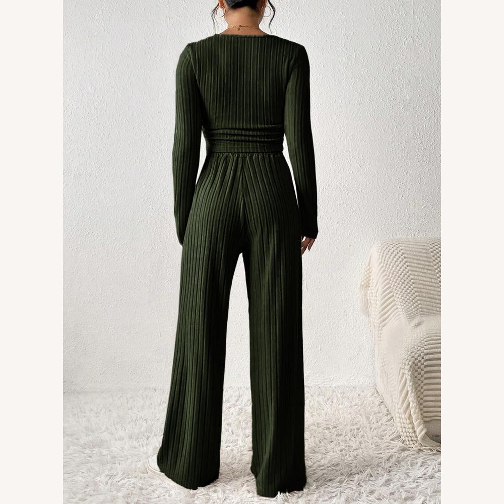 Ensemble détente côtelé 2 pièces femme – Haut court à manches longues et pantalon large taille haute beige