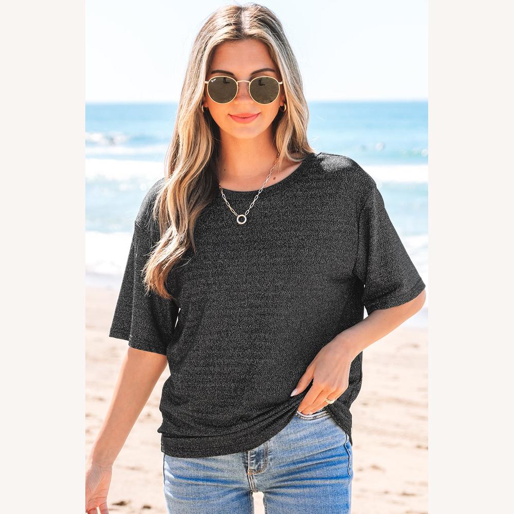 T-shirt noir pailleté pour femme à manches courtes – Style décontracté et élégant, confort extensible