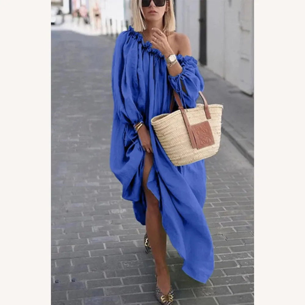 Variant image for Robe Longue Femme Ample à Une Épaule - Chic et Décontractée en Couleur Unie, Idéale pour Toutes Occasions-7