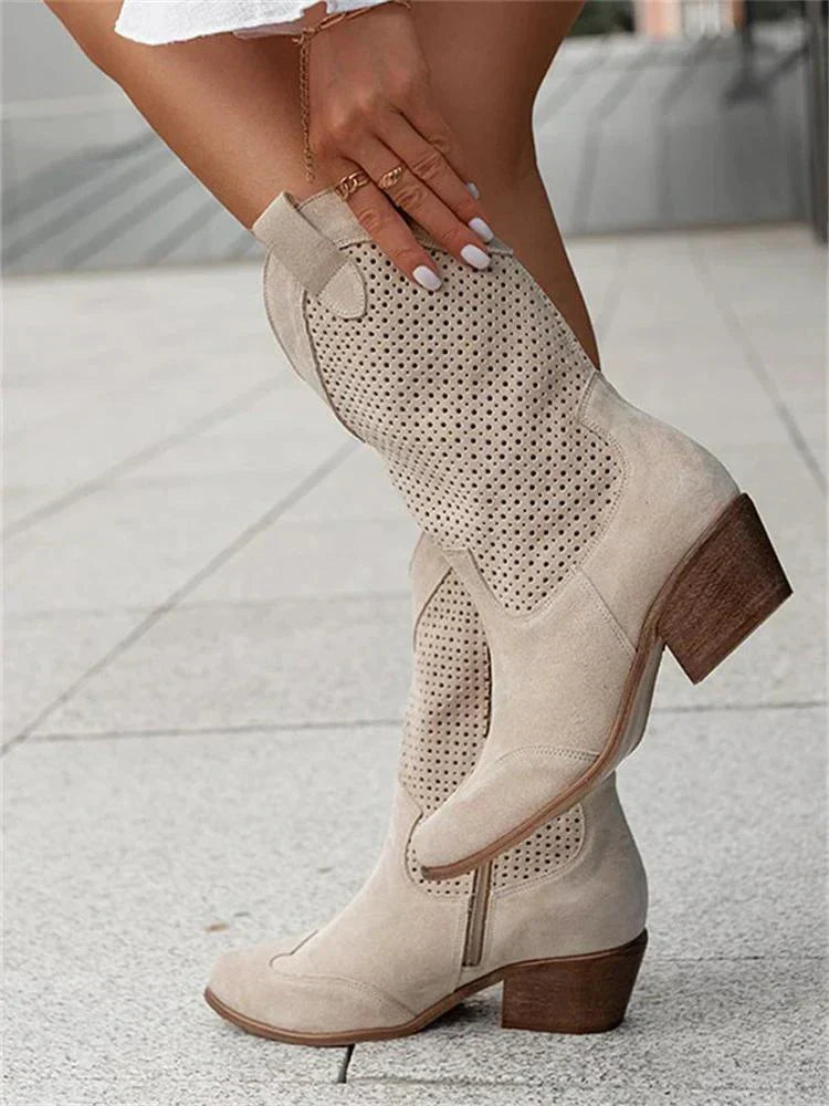 Bottines Western Femme Noires en Similicuir Perforé – Confort et Élégance Mi-Mollet 5