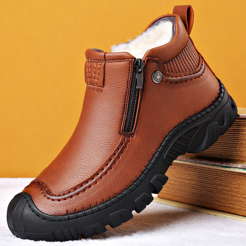 Bottes montantes pour homme en cuir synthétique avec doublure en peau de mouton et fermeture éclair – Chaudes et antidérapantes pour l'hiver