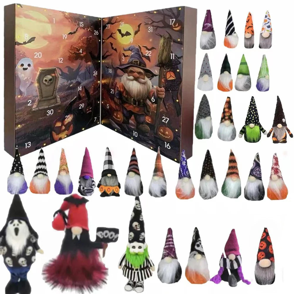 Halloween Advent Calendar Two-Panel Gnome with 24 Decorative Figurines in Cotton and Soft Fabric