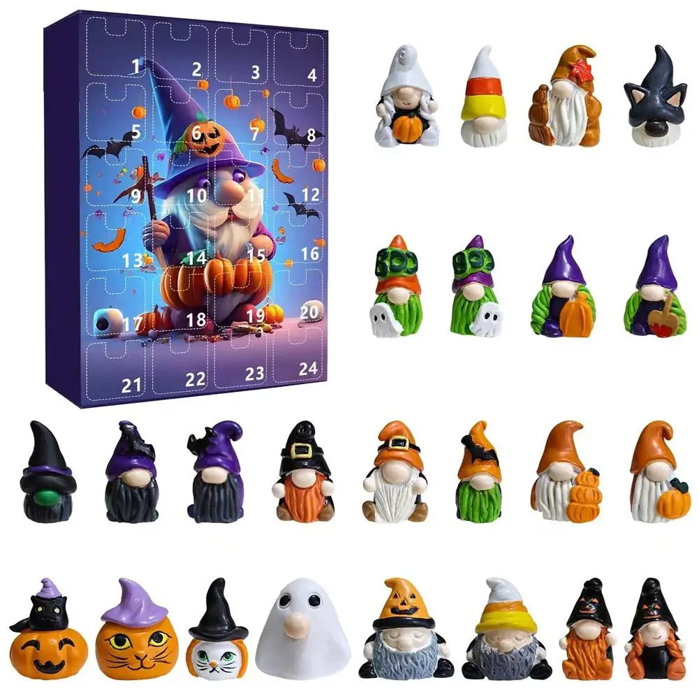 Calendrier de l'Avent Nain d'Halloween avec 24 Mini Poupées Décoratives en Plastique Résistant