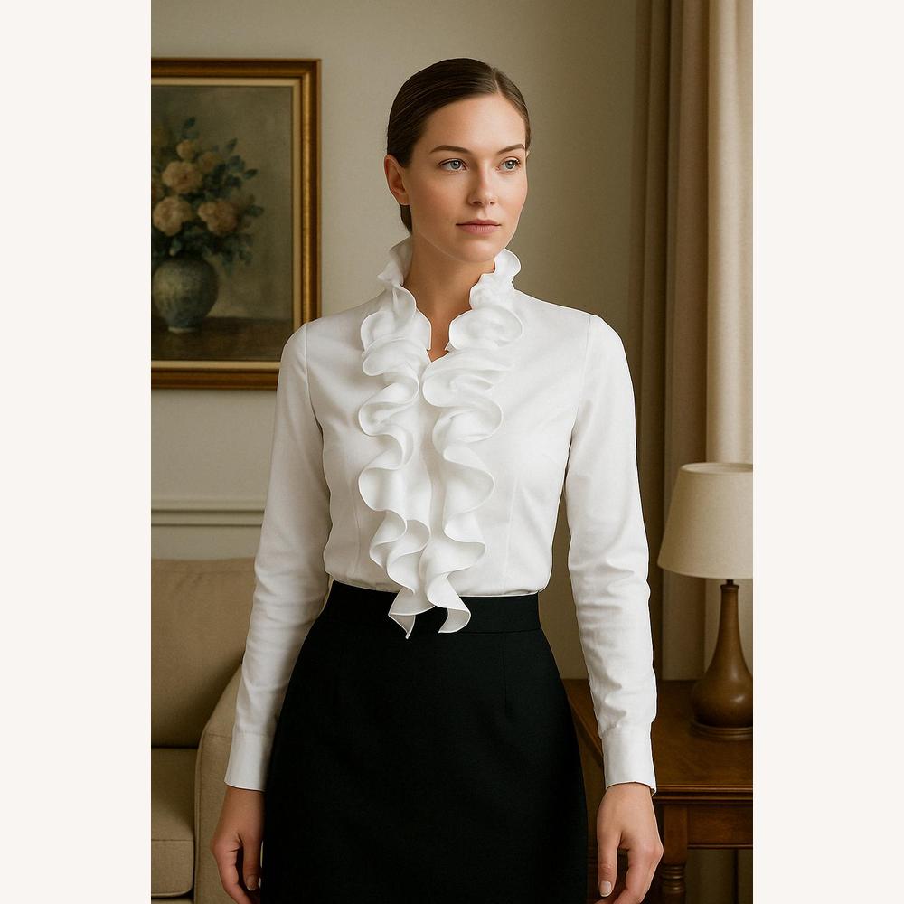 Elegant Ruffled Blouse for Women in Polyester, Long Sleeves – Chic and Sophisticated, Ideal for Office and Evening