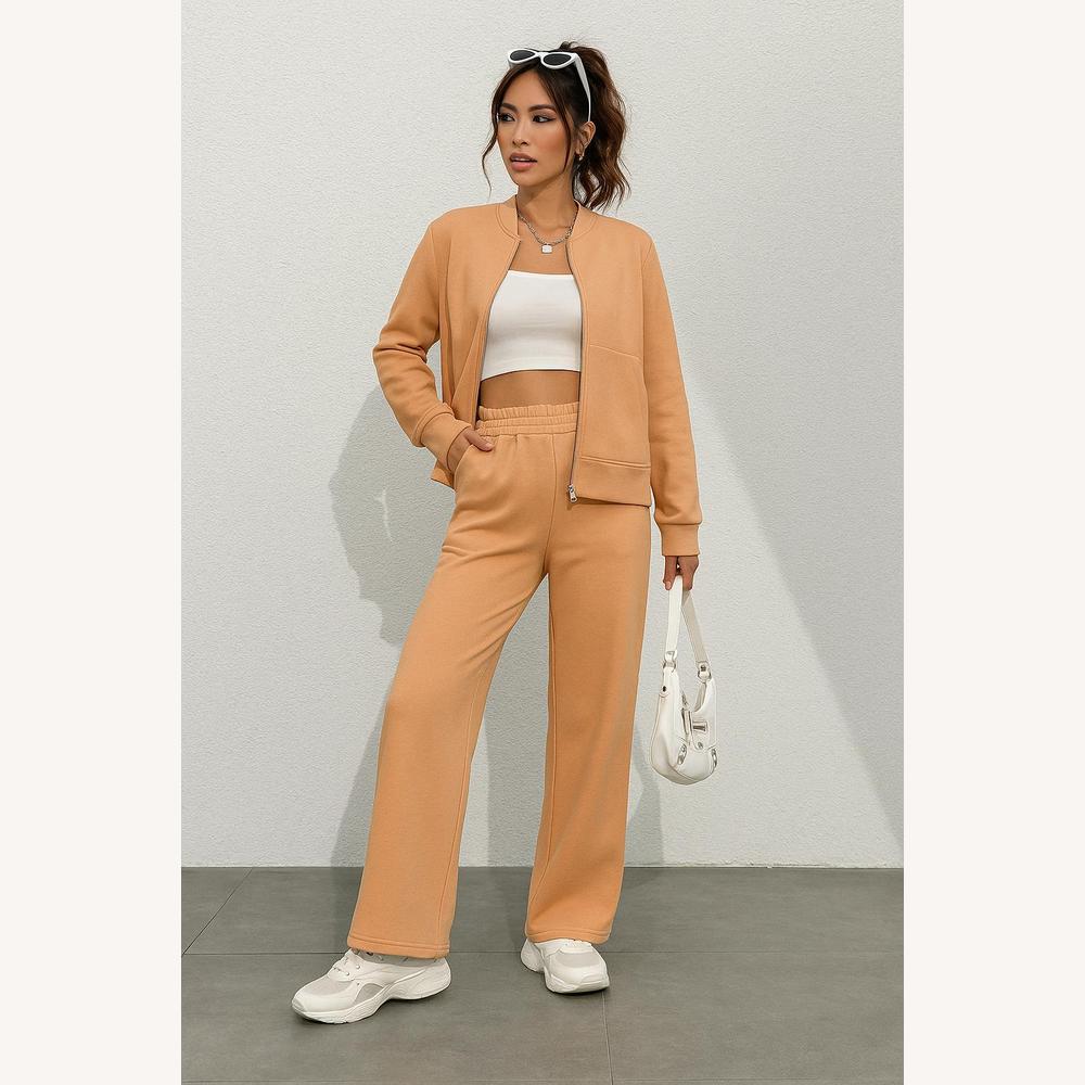 Women's 3-Piece Jogging Set - Zip Jacket, Wide High-Waisted Pants, Crop Top - Soft and Comfortable Fabric