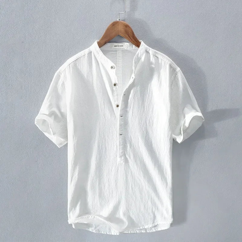 Chemise ample en coton et lin respirante à manches courtes et col semi-ouvert