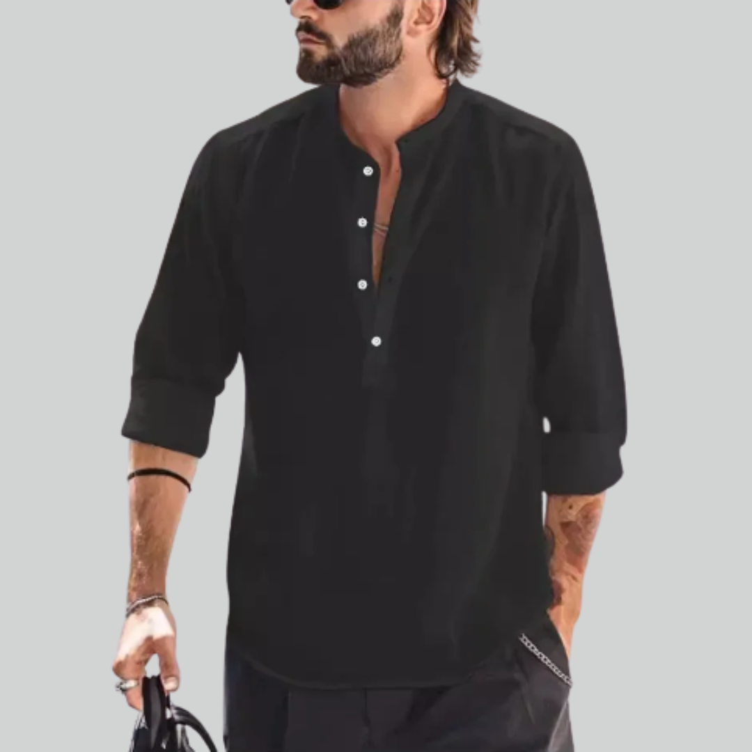 Chemise décontractée en coton et lin avec col à boutons et manches longues – Haut ample