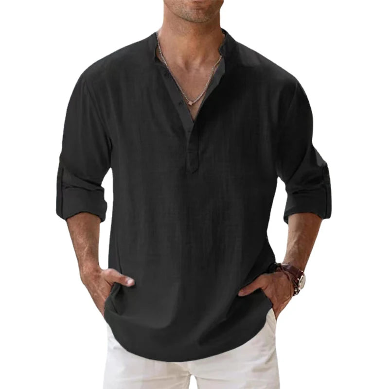 Chemise en lin à manches longues respirante – Taille S-5XL, Couleur unie