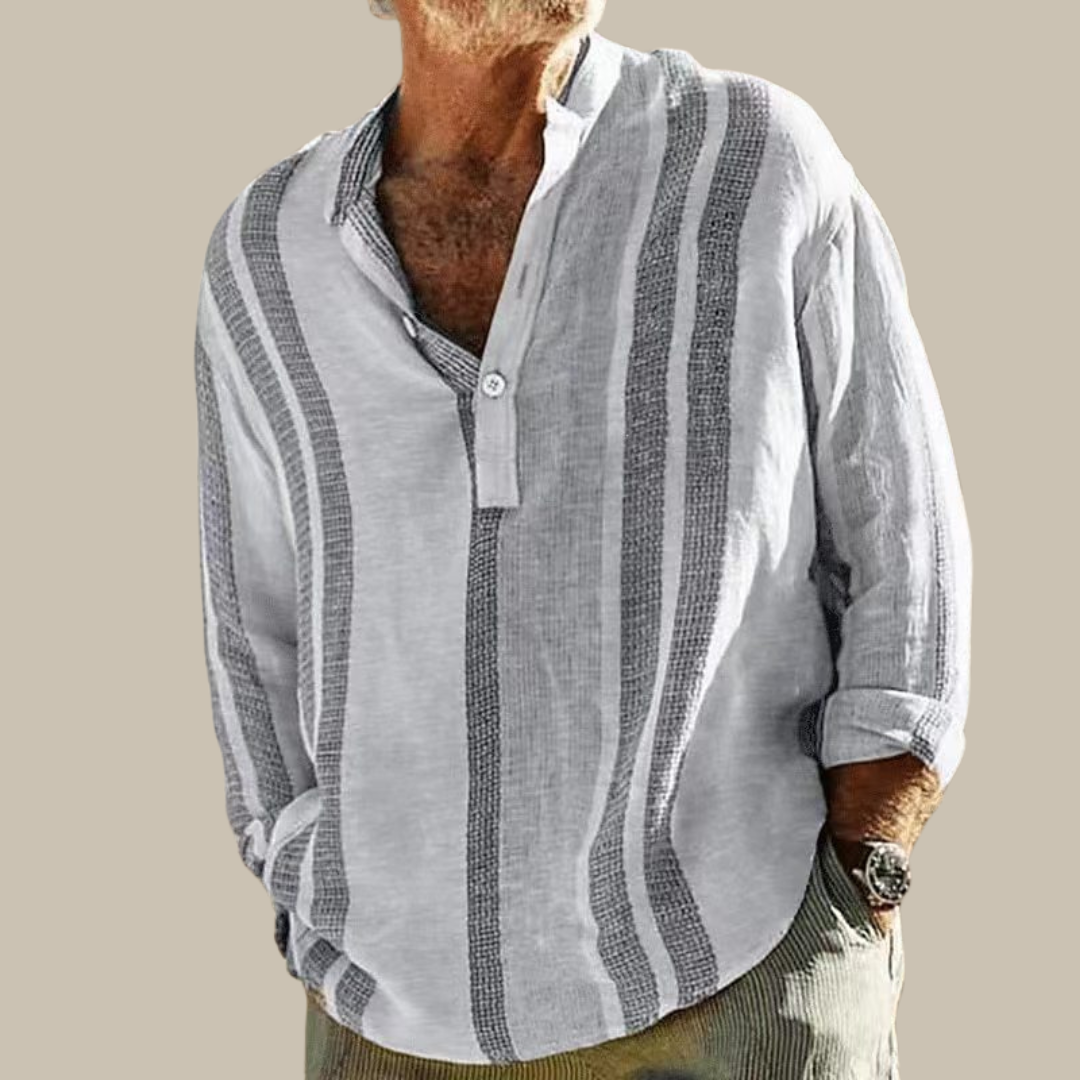 Chemise en lin pour homme avec col mao et rayures discrètes – Tailles S à XL