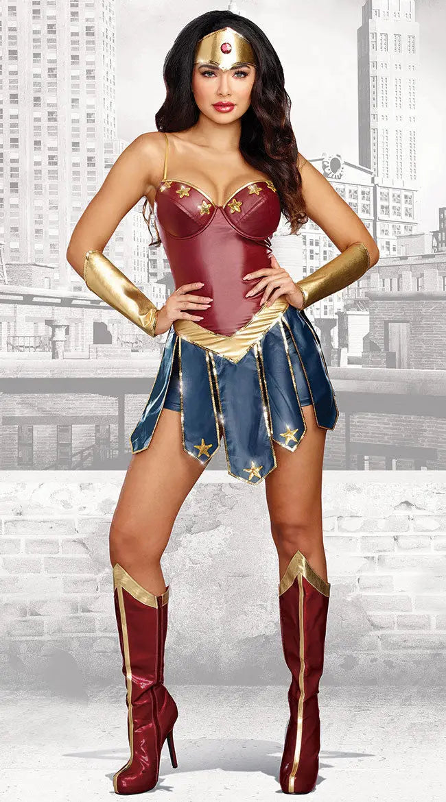 Costume de super-héroïne Wonder Woman pour Halloween 2025 – Robe corset avec jupe plissée