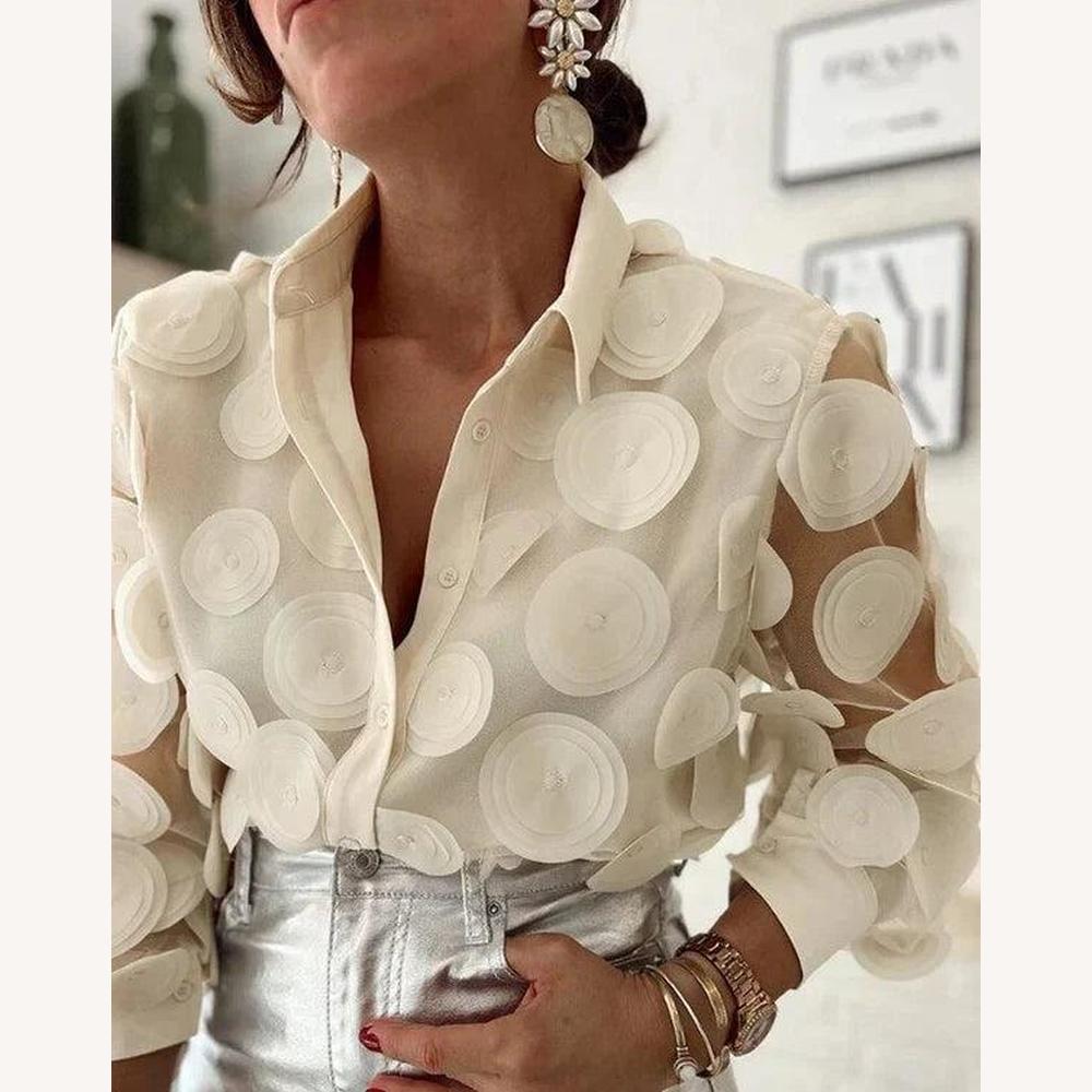 Blouse transparente brodée pour femme avec appliques en relief – Élégance chic et moderne