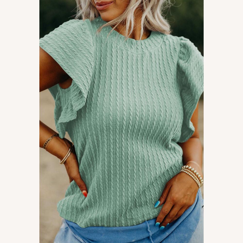 Haut beige à volants en tricot côtelé léger pour femmes – Élégant, confortable, manches fluides, col rond