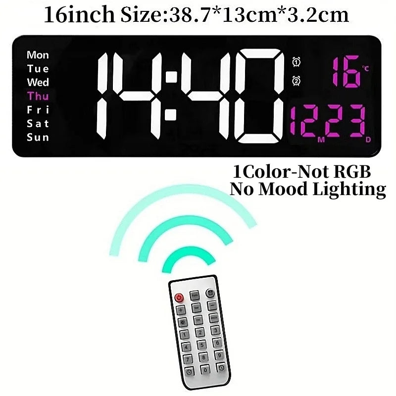 16 Inch Digital Wall Clock with Remote Control, RGB Lighting, Dual Alarm and Countdown Timer