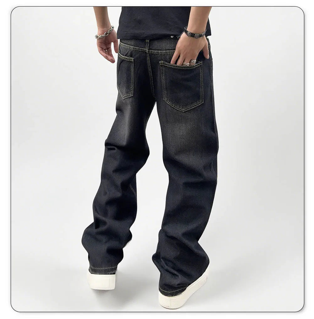 Jean en denim lavé surdimensionné pour homme - Coupe droite confortable pour l'automne et l'hiver