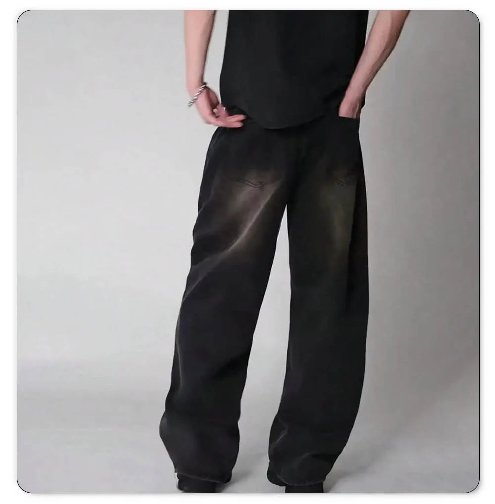 Jean large pour homme en coton – Coupe ample mi-haute avec poches et lavage aux enzymes