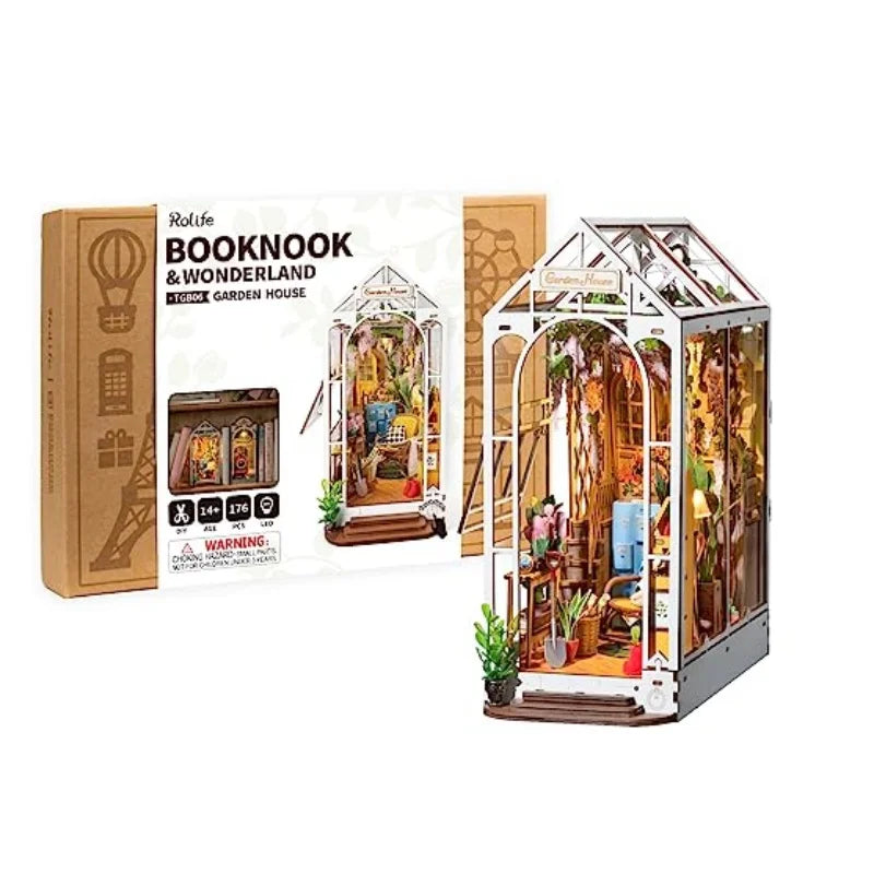 DIY Dollhouse Kit with LED Light – Miniature Garden to Assemble for Shelf Decoration