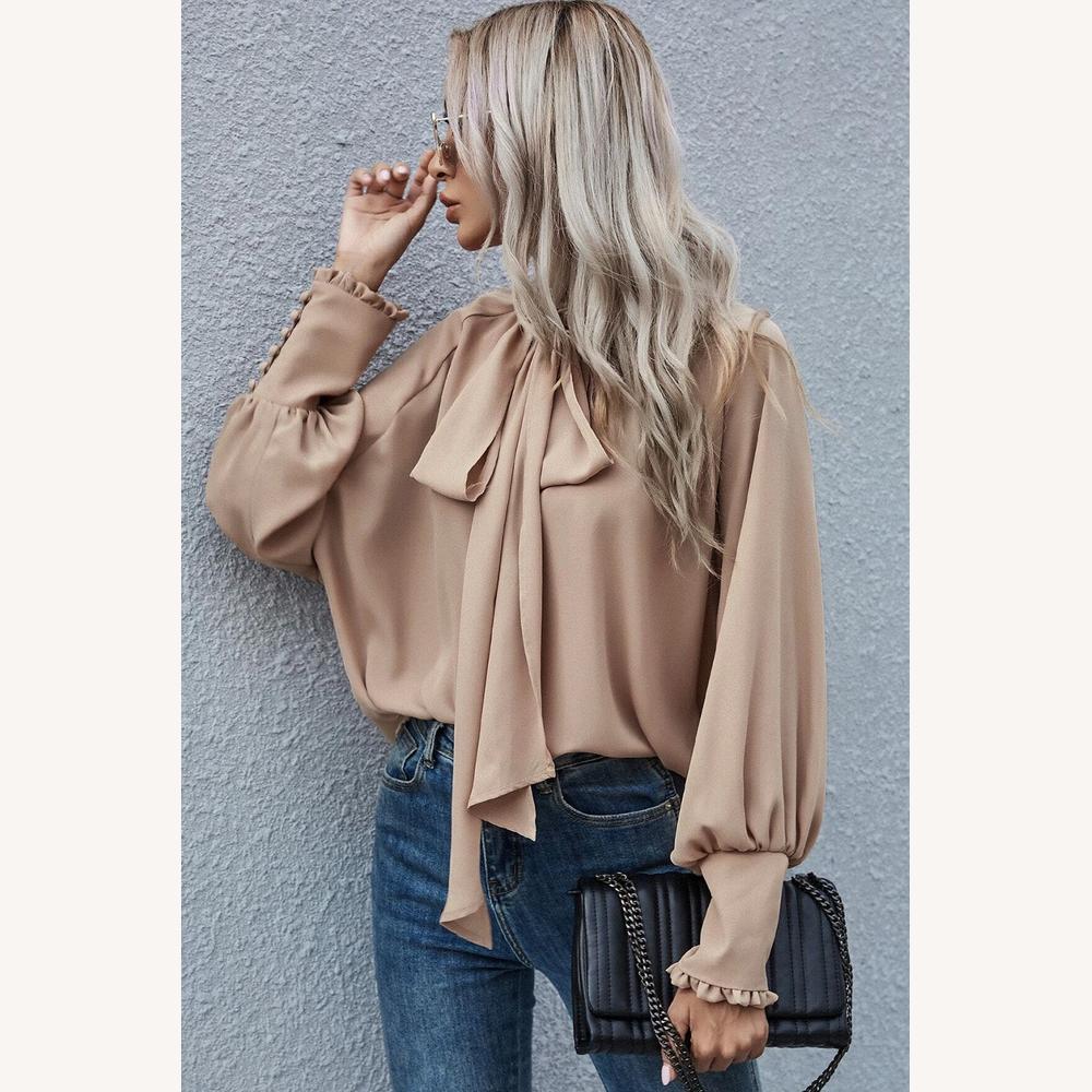Blouse élégante pour femme en polyester abricot avec nœud papillon et manches bouffantes – Sophistiquée et polyvalente