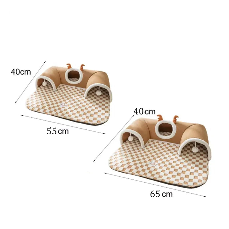 Tunnel-lit pour chat multifonction avec jouet en peluche – Espace de jeu et de repos pour chatons, matériau doux et durable