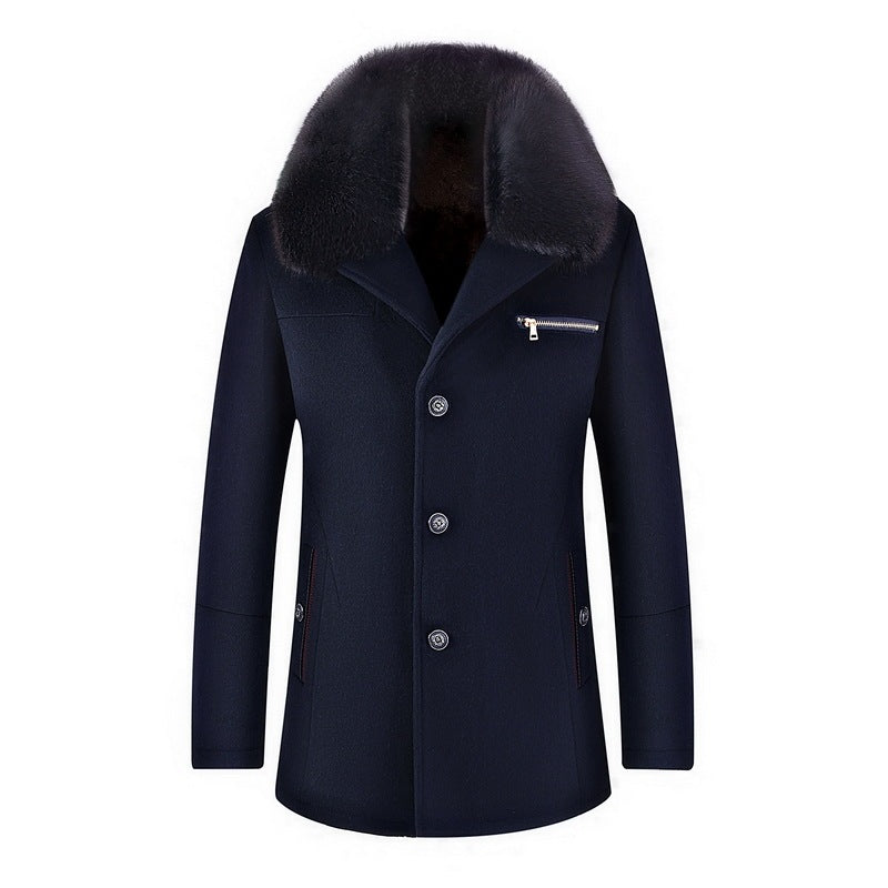 Classic Men's Coat with Fur Collar – Polyester, Slim Fit