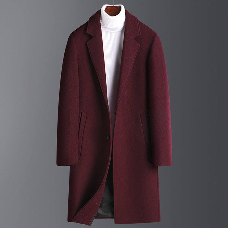 Wool Coat for Men with Notched Lapel and Pockets – Mid-Length Slim Fit