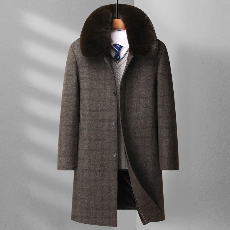 Manteau en laine pour homme avec col en fausse fourrure – Longueur genou, coupe ajustée
