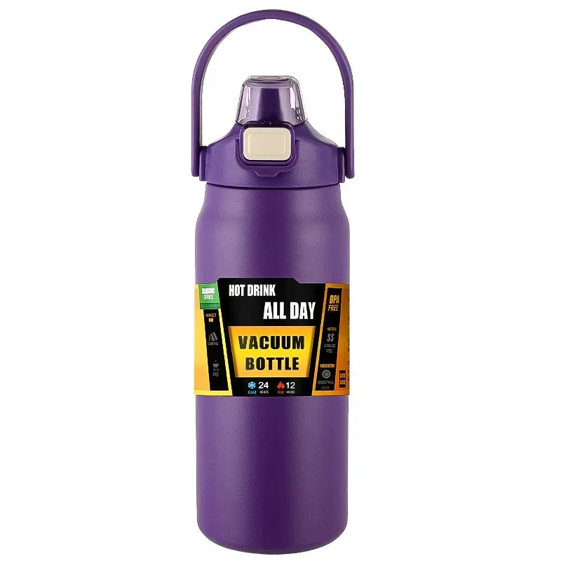 Gourde isotherme en acier inoxydable 800 ml avec paille - Bouteille portable isolante pour boissons chaudes et froides
