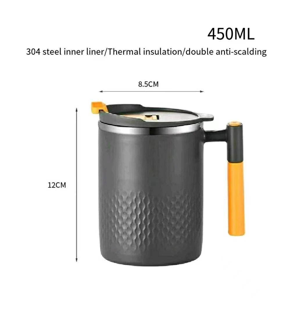 Tasse à café portative en acier inoxydable 450 ml avec poignée et couvercle – Conception étanche pour boissons chaudes ou froides