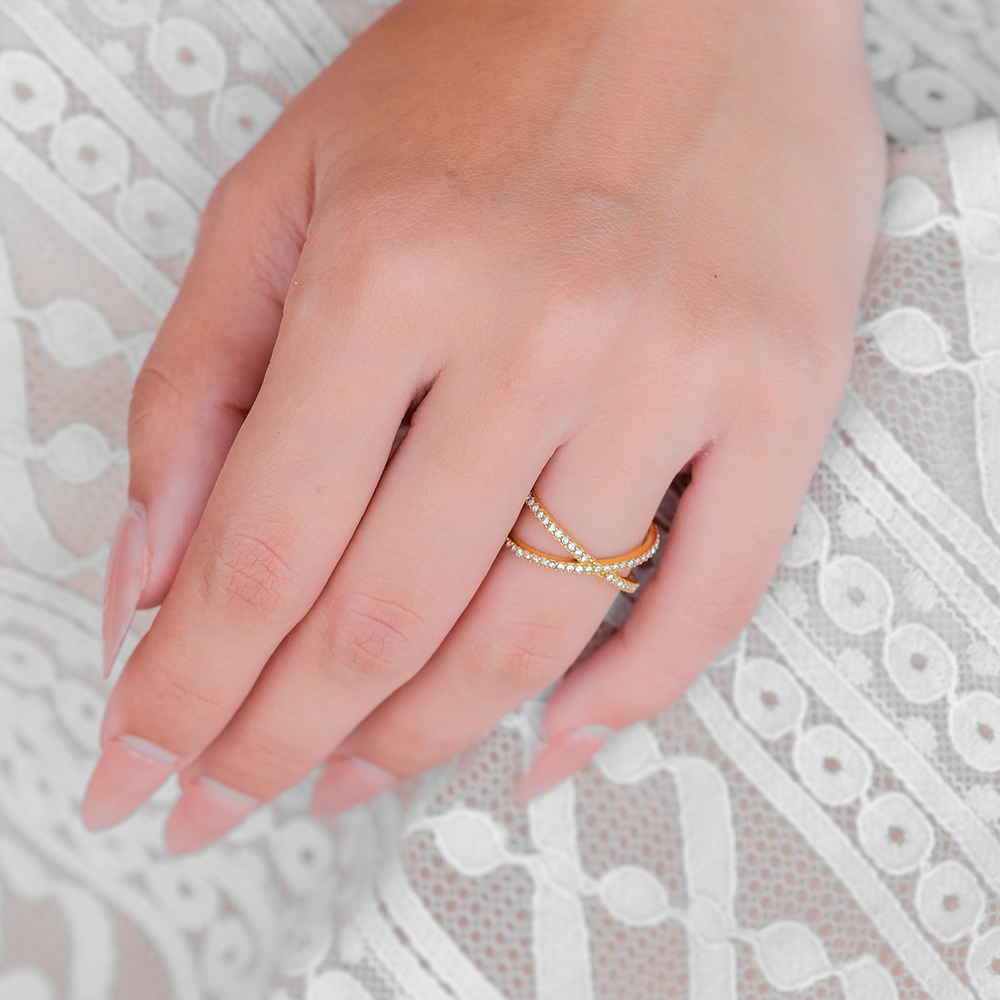 Bague en or pour femme avec diamants simulés croisés, taille unique