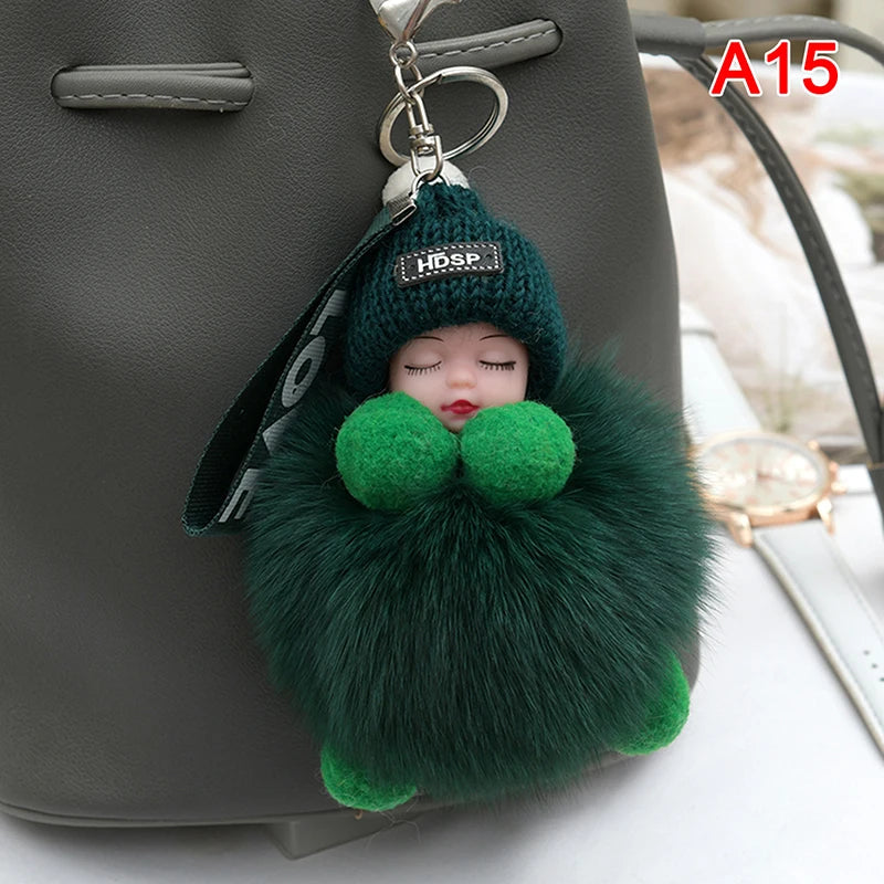 Baby Sleeping Plush Keychain with Knitted Hat and Love Strap – Cute Accessory for Bags and Keys