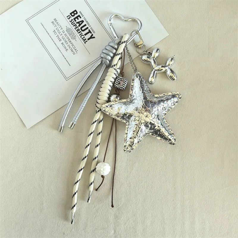 Personalized Leather Keychain with Star Pendant and Dachshund Charm – Trendy Y2K Accessory