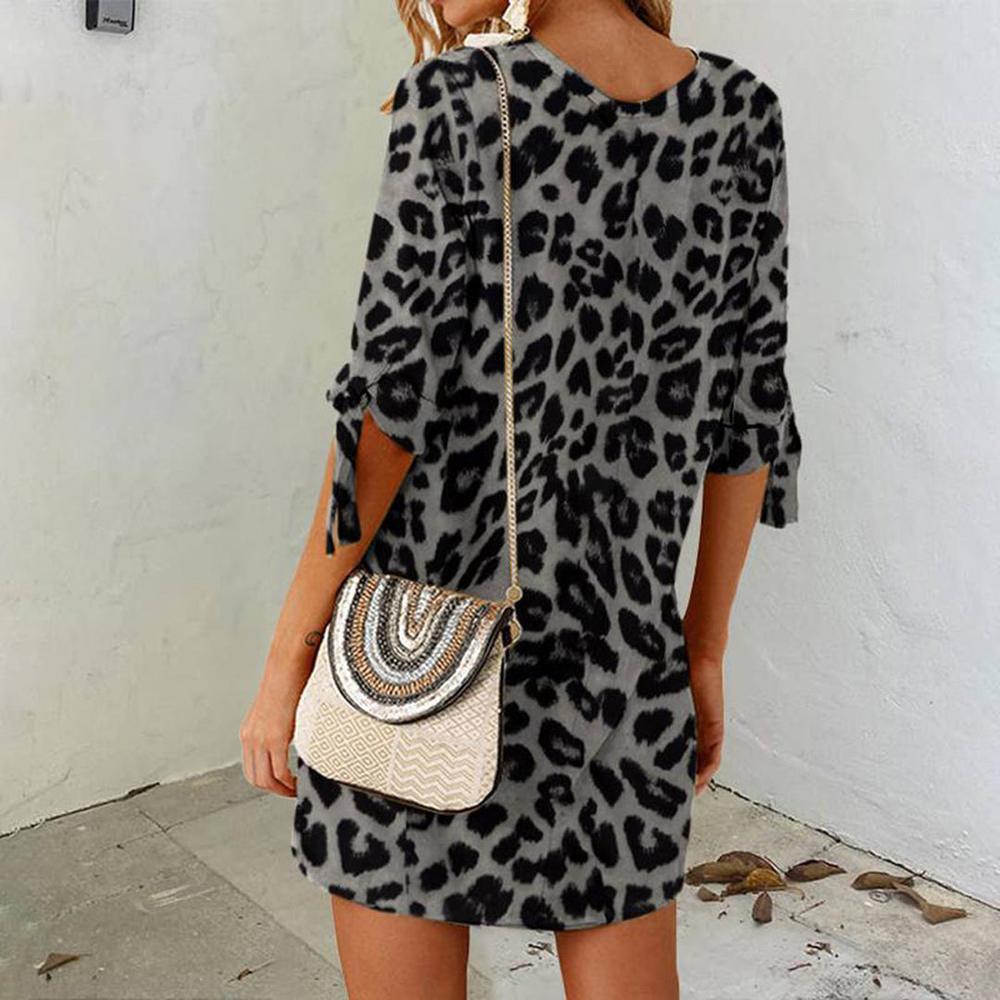 Robe courte pour femme à imprimé léopard en polyester léger – Idéale pour le printemps et l'été, col rond, confortable et élégante