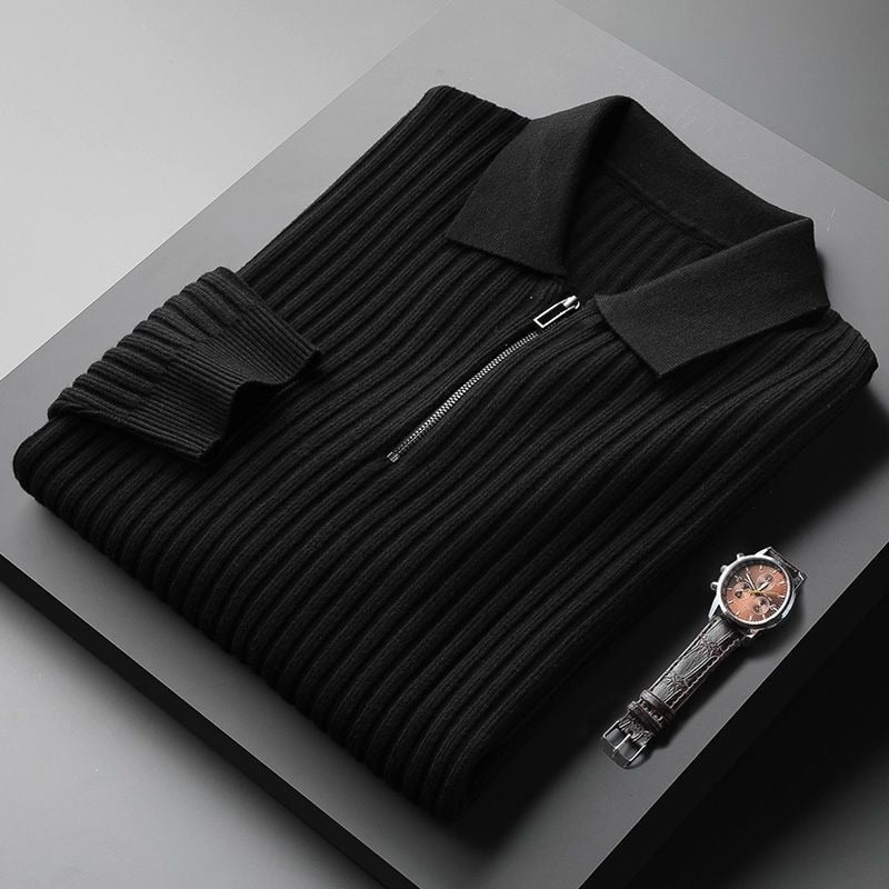 Slim Fit Men's Pullover with Half-Zip Polo Collar in Ribbed Knit
