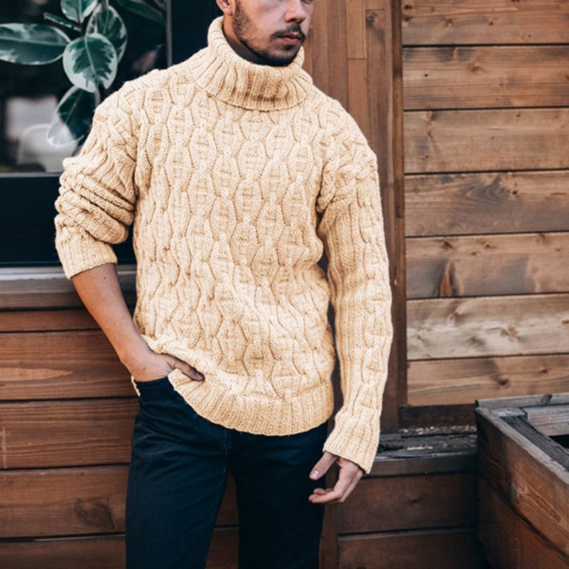 Men's Turtleneck Sweater in Wool and Cotton, Cable Knit, Relaxed Fit for Winter