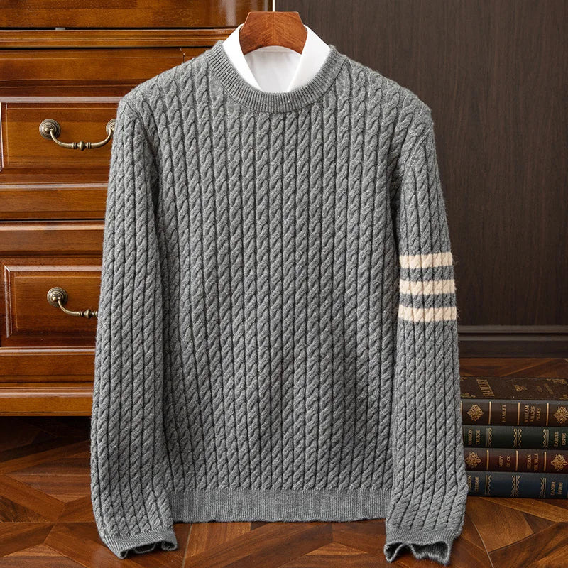 Pull pour homme en mélange de laine torsadée, col rond, parfait pour l'automne et l'hiver, détails côtelés et sportifs