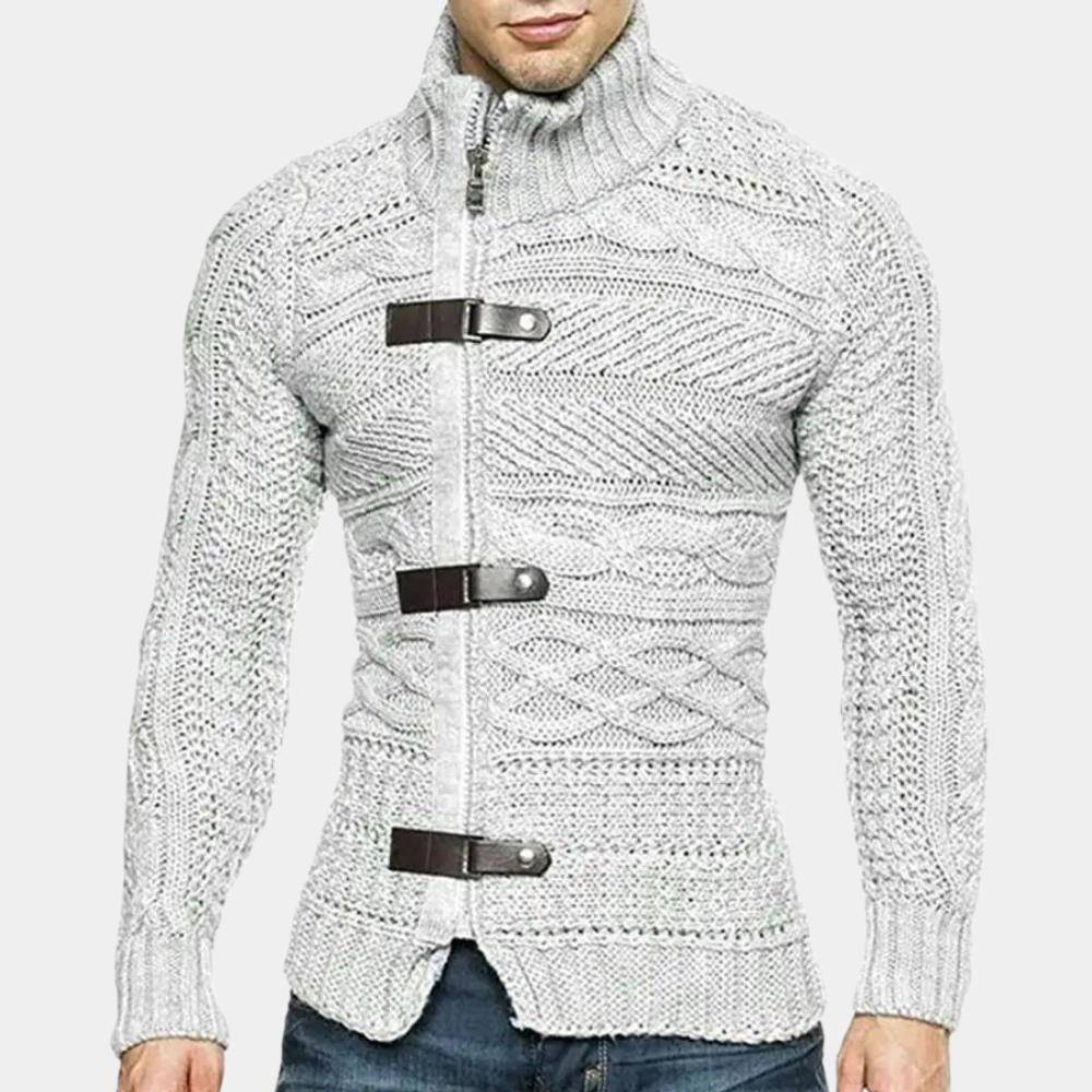 Pull en laine mérinos pour homme, col châle montant, détails texturés, silhouette ajustée, confort et élégance