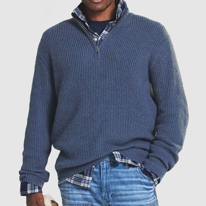 Pull en maille côtelée pour homme avec col montant et demi-fermeture éclair – Confortable et élégant pour le bureau et les loisirs