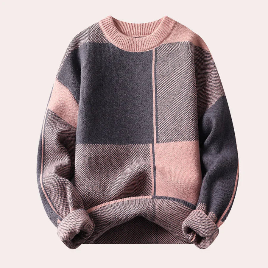 Men's round neck sweater in soft cotton with oversized check pattern - Comfortable and modern