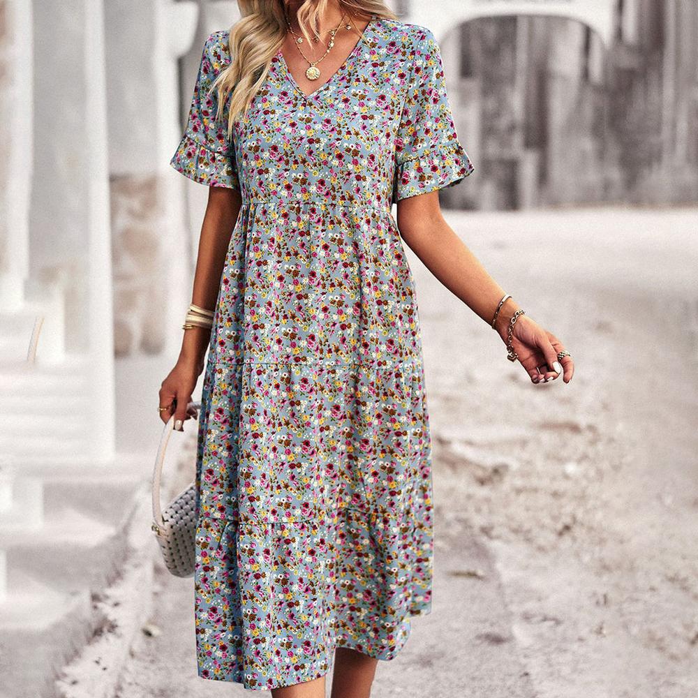 Women's Long Floral Summer Dress – Elegant in Apricot, Black, Blue, Green, and Royal Blue, Chic and Versatile Model