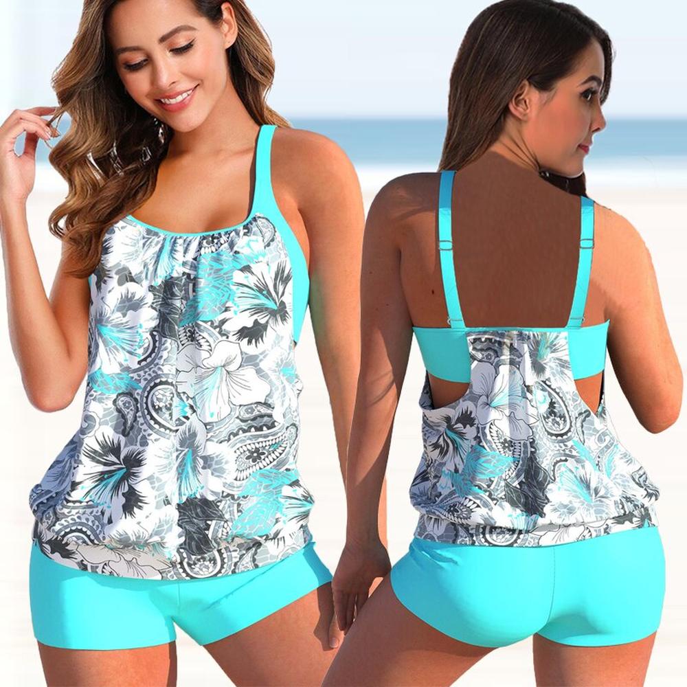 Modern Two-Tone Women's Tankini with Floral Pattern and Leopard Print – Comfortable and Elegant Swimsuit