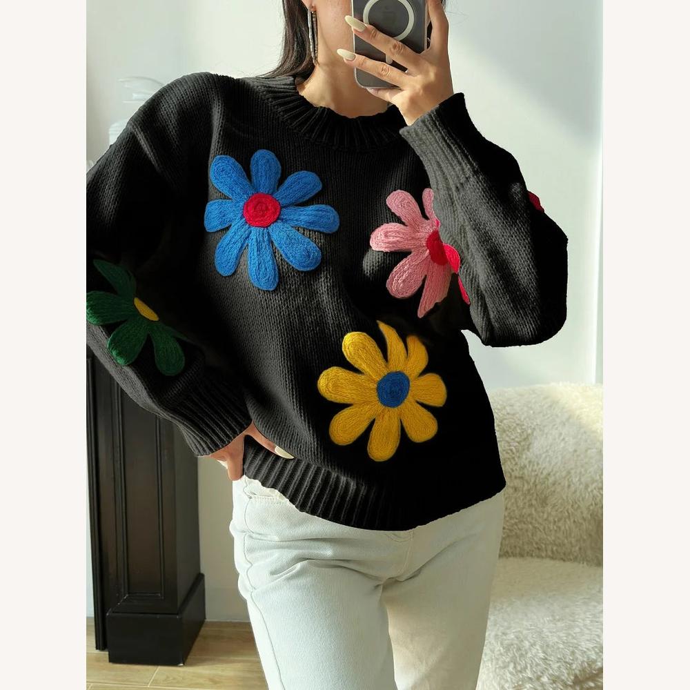 Pull ample pour femme avec fleurs brodées en maille douce – Confort et style décontracté